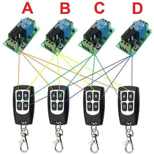 Load image into Gallery viewer, TECHOMAN 4x 12V 433Mhz Wireless Remote Receiver Switches with 4 Transmitters Remote Controls TECHOMAN