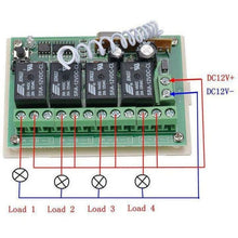 Load image into Gallery viewer, TECHOMAN 12V 4 Channel 433Mhz Wireless Remote Control Switch with 2 Transmitters Remote Controls TECHOMAN