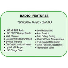 Load image into Gallery viewer, TECHOMAN TM-9C 2 WATT UHF PRS CB Walkie Talkie - 16 Channels - Premium Kit UHF PRS Hand Helds TECHOMAN   
