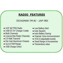Load image into Gallery viewer, 2x (Pair) TECHOMAN TM-9C 2 WATT UHF PRS CB Walkie Talkies - 16 Channels UHF PRS Hand Helds TECHOMAN