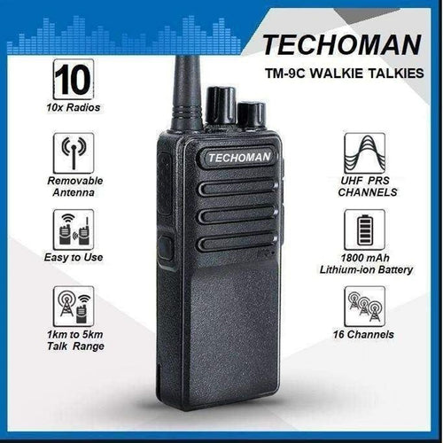 10x TECHOMAN TM-9C 2 WATT UHF PRS CB Walkie Talkies - 16 Channels - Standard UHF PRS Hand Helds TECHOMAN   