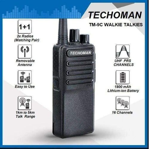 Pair (2x) TECHOMAN TM-9C 2 WATT UHF PRS CB Walkie Talkies - 16 Channels - Premium UHF PRS Hand Helds TECHOMAN   