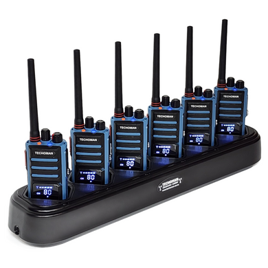6x TECHOMAN TM905PRO UHF PRS / Commercial Radio Walkie Talkies - Blue with 6-Way Charger UHF PRS Hand Helds TECHOMAN