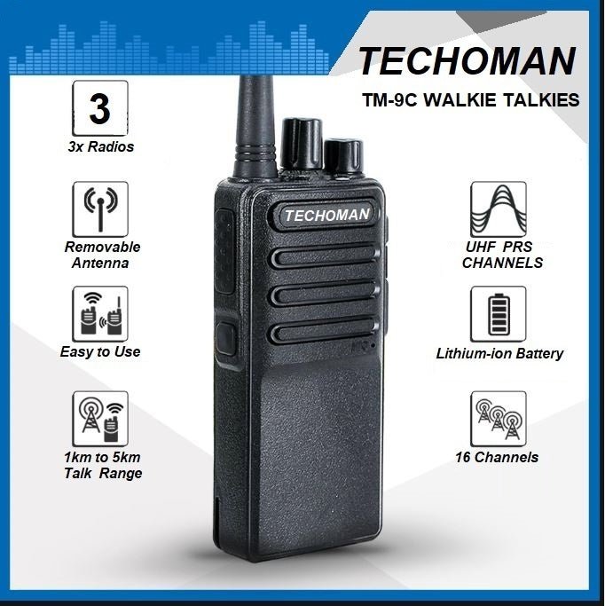 3x TECHOMAN TM-9C 2 WATT UHF PRS CB Walkie Talkies - 16 Channels UHF PRS Hand Helds TECHOMAN   