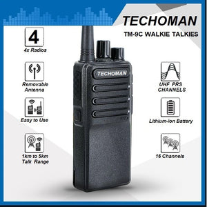 4x TECHOMAN TM-9C 2 WATT UHF PRS CB Walkie Talkies - 16 Channels UHF PRS Hand Helds TECHOMAN   