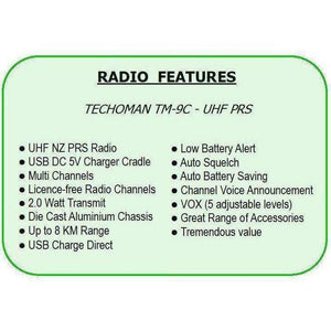 4x TECHOMAN TM-9C 2 WATT UHF PRS CB Walkie Talkies - 16 Channels UHF PRS Hand Helds TECHOMAN   