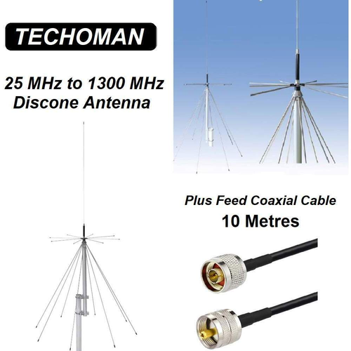 TECHOMAN 25 MHz to 1300 MHz Discone Versatile Ultra-Wide Band Antenna & 10M Coax Antenna Base Station TECHOMAN   