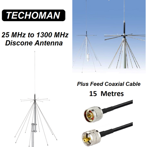 TECHOMAN 25 MHz to 1300 MHz Discone Versatile Ultra-Wide Band Antenna & 15M Coax Antenna Base Station TECHOMAN   