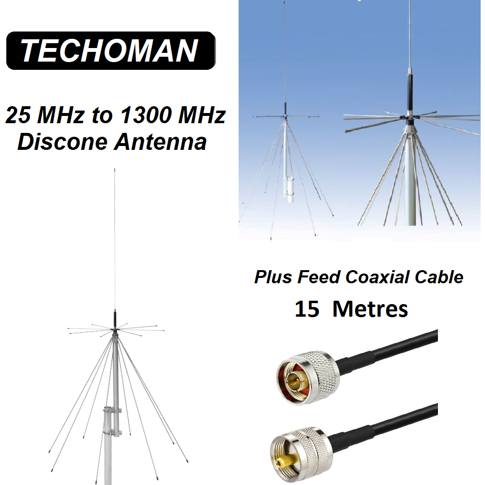TECHOMAN 25 MHz to 1300 MHz Discone Versatile Ultra-Wide Band  Outdoor Antenna / Aerial & 15M Coax Antenna Base Station TECHOMAN   