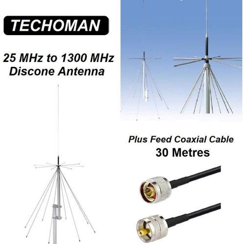 TECHOMAN 25 MHz to 1300 MHz Discone Versatile Ultra-Wide Band Antenna & 30M Coax Antenna Base Station TECHOMAN   