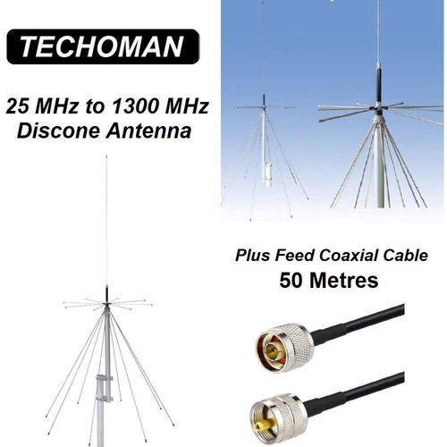 TECHOMAN 25 MHz to 1300 MHz Discone Versatile Ultra-Wide Band Antenna & 50M Coax Antenna Base Station TECHOMAN   
