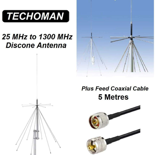 TECHOMAN 25 MHz to 1300 MHz Discone Versatile Ultra-Wide Band Antenna & 5M Coax Antenna Base Station TECHOMAN   