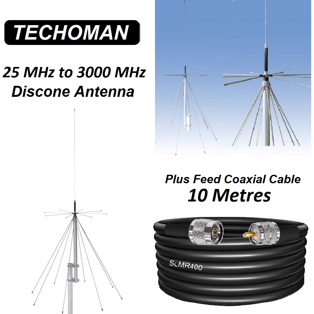 TECHOMAN 25 MHz to 3000 MHz Super Discone UltraWide Band Antenna & 10