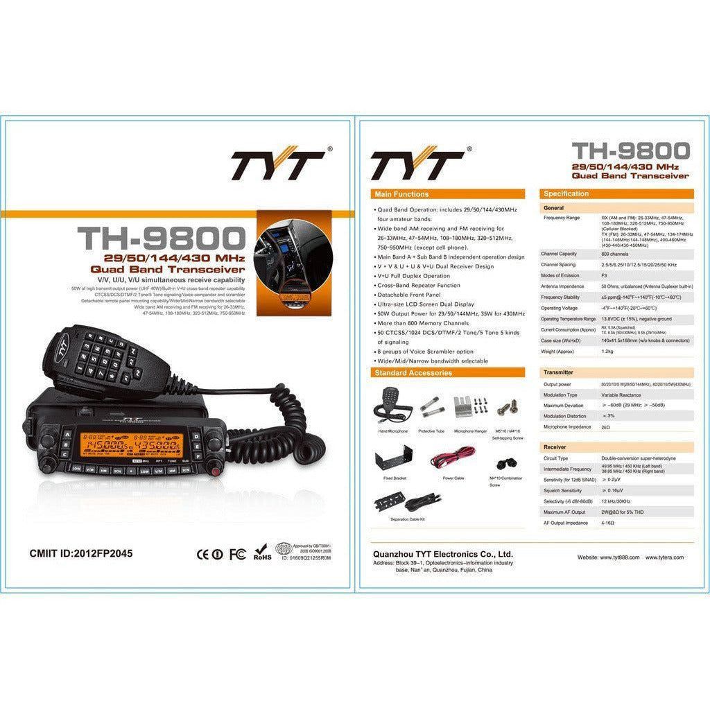 TYT TH-9800 PLUS 50W Mobile Transceiver HF/VHF/UHF Quad Band Ham Radio –  Techoman Electronics Ltd